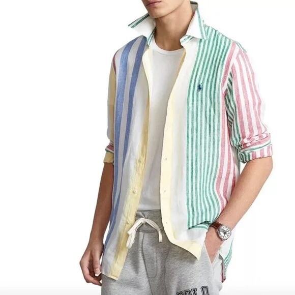 NWOT POLO RALPH LAUREN Shirt Men L Linen Rainbow-Stripes Button-Up Short-Sleeve